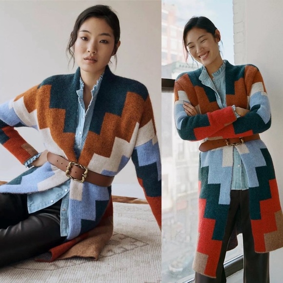 Sita Murt Anthropologie Maxi Length Geo Jacquard Longline Cardigan Sweater 42 - Picture 6 of 15